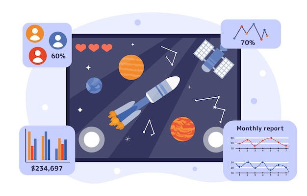 Vector concepto de análisis de juegos cohete en planetas y constelaciones espacio de la galaxia y el cosmos desarrollo de aplicaciones móviles ilustración vectorial plana de dibujos animados aislada sobre fondo blanco