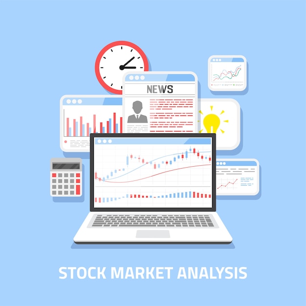 Concepto de análisis del mercado de valores, comercio de divisas en línea, inversión.