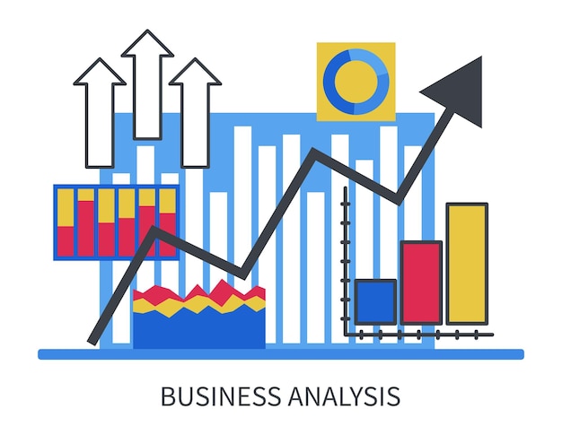 Concepto de análisis de negocios. gráficos de crecimiento y desarrollo. diseño plano. ilustración vectorial