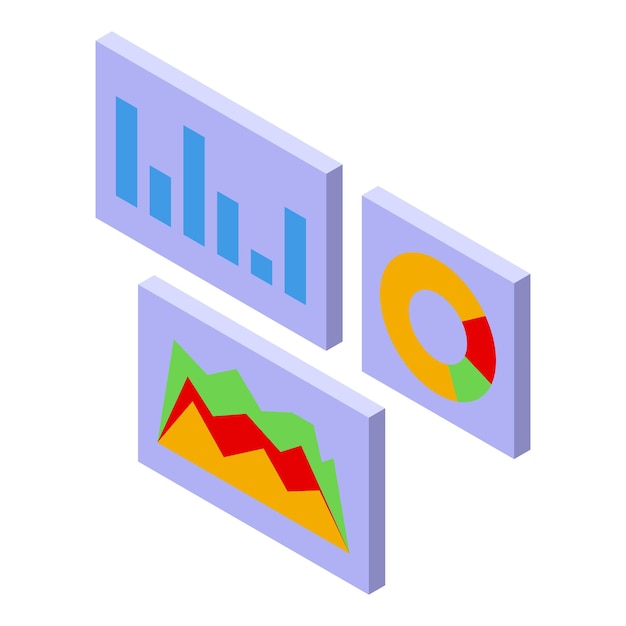 Concepto de análisis de negocios que muestra gráficos y gráficos en proyección isométrica