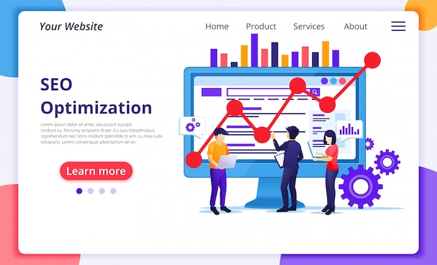 Concepto de análisis seo con personas que trabajan en la pantalla. posicionamiento en buscadores, marketing y estrategias. plantilla de página de destino del sitio web
