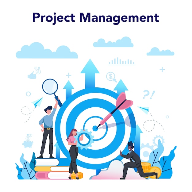 Concepto de analista de negocios. Gestión de proyectos Idea de plan de negocio y estrategia. Análisis y desarrollo de marketing. Ilustración vectorial en estilo de dibujos animados