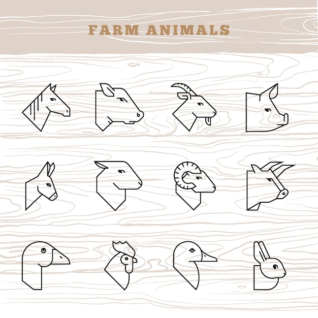 Concepto de animales de granja. Icono de vector en un estilo lineal de siluetas de animales de granja