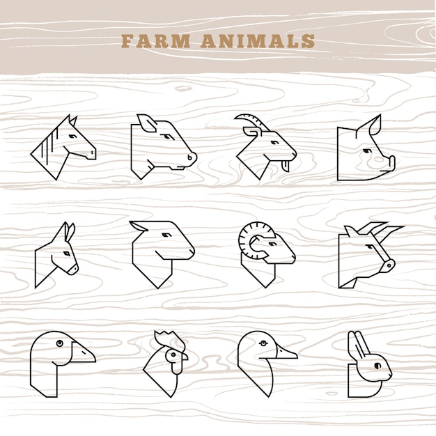 Concepto de animales de granja. icono de vector en un estilo lineal de siluetas de animales de granja