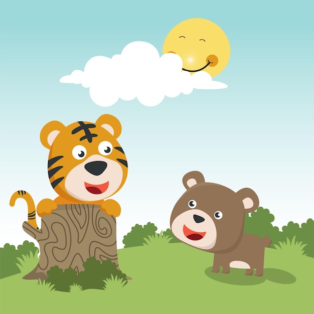Concepto de animales salvajes de dibujos animados lindo tigre y oso en la selva Fondo infantil vector creativo para tela textil vivero papel pintado cartel tarjeta folleto y otra decoración