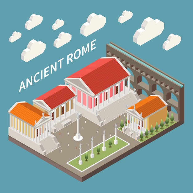 Vector concepto de la antigua roma con ilustración isométrica de símbolos de arquitectura histórica