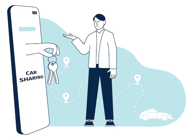 Concepto de aplicación para compartir coche Pantalla de smartphone con llaves de coche