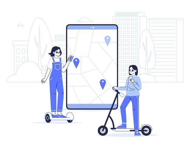 Concepto de aplicación para compartir transporte ecológico Servicio de alquiler de transporte urbano para mujeres que viajan en giroscooter de alquiler y patinete eléctrico plano lineal ilustración vectorial