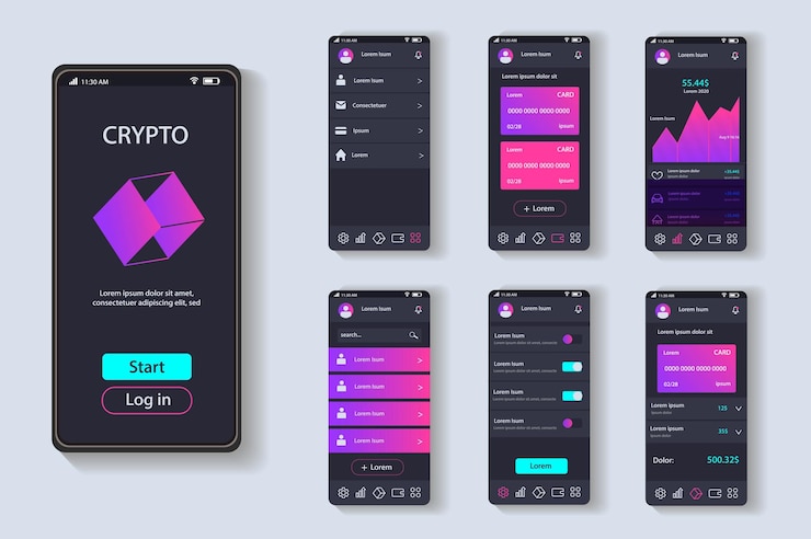 Vector concepto de aplicación criptográfica en diseño plano una representación visual de una gestión de criptomonedas