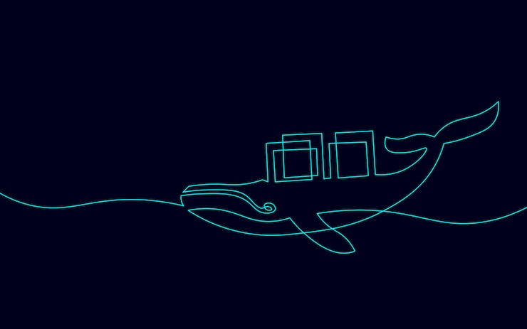 Vector concepto de aplicación de desarrollador de docker de computadora de ballena y contenedor de una línea. programa de dibujo de bocetos de código abierto. ilustración de línea vectorial de codificación de datos