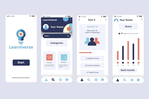 El concepto de la aplicación educativa en diseño plano La interfaz de la aplicación Learniverse incluye pruebas de secciones de cursos