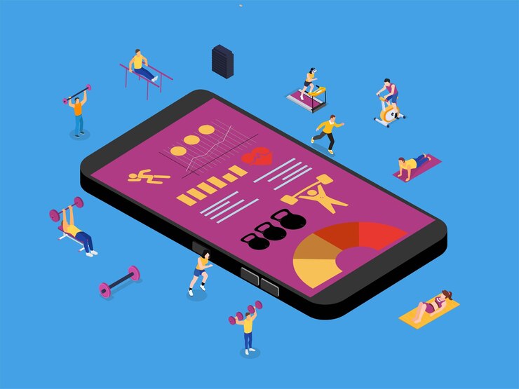 Vector concepto de aplicación de fitness sométrico con personas que hacen ejercicio