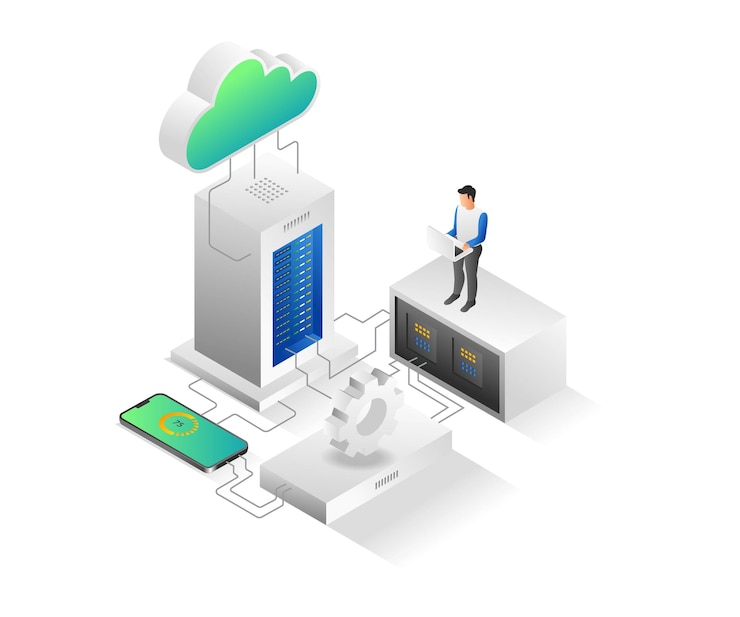 Vector concepto de aplicación de mantenimiento de servidor en la nube de ilustración isométrica plana