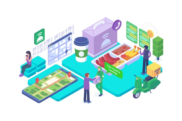 Concepto de aplicación móvil de entrega de comida isométrica