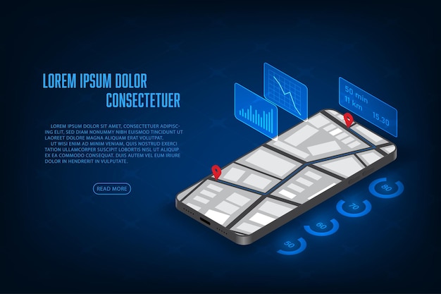 Vector concepto de aplicación móvil de navegación isométrica vectorial concepto de aplicación móvil gps