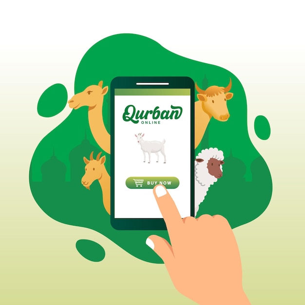 Concepto de aplicación móvil Qurban en línea. Ilustración de un teléfono inteligente con animal sacrificado para Eid al Adha