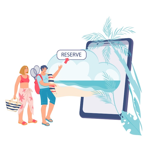 Concepto de aplicación móvil de reserva en línea y resort con pareja que organiza su viaje y vacaciones