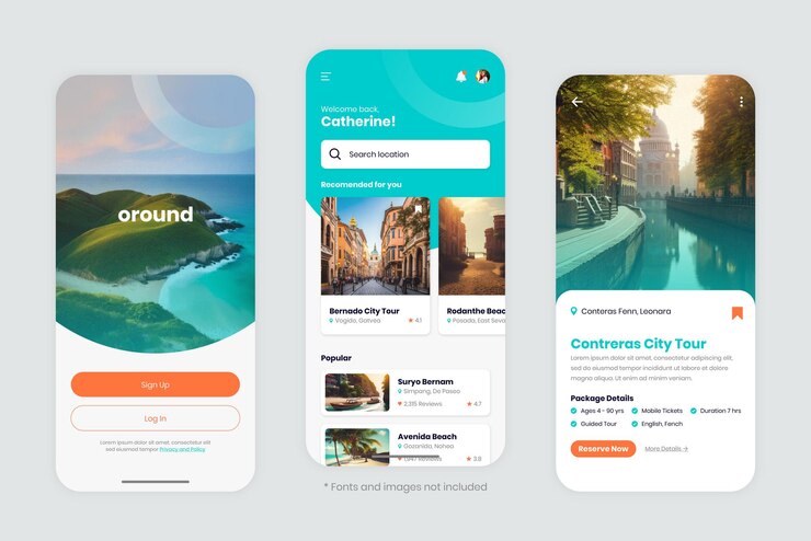 Vector concepto de aplicación móvil de reserva de viajes tecnología de interfaz de usuario uiux ilustración de maqueta de diseño mínimo