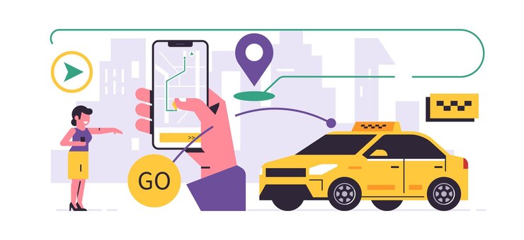 Vector concepto de aplicación móvil del servicio de pedido de taxis una mano que sostiene un teléfono con la reserva de un taxi en el mapa de la ciudad en una pantalla de teléfono inteligente servicio de taxi urbano mujer de coche amarillo ilustración de vector plano