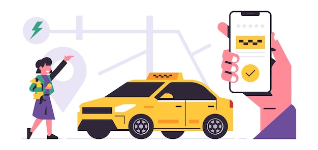 Concepto de aplicación móvil del servicio de pedido de taxis Una mano que sostiene un teléfono con la reserva de un taxi en la pantalla Servicio de taxi urbano coche amarillo mapa de la ciudad mujer feliz Ilustración de vector plano