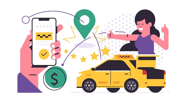 Concepto de aplicación móvil del servicio de pedido de taxis Una mano que sostiene un teléfono con la reserva de un taxi en la pantalla Servicio de taxi urbano Coche amarillo mujer feliz alfiler dólar estrella Ilustración de vector plano