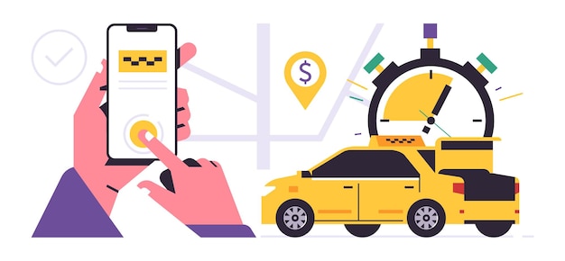 Concepto de aplicación móvil del servicio de pedido de taxis una mano que sostiene un teléfono con la reserva de un taxi en la pantalla servicio de taxi urbano mapa de la ciudad del coche amarillo ilustración vectorial plana