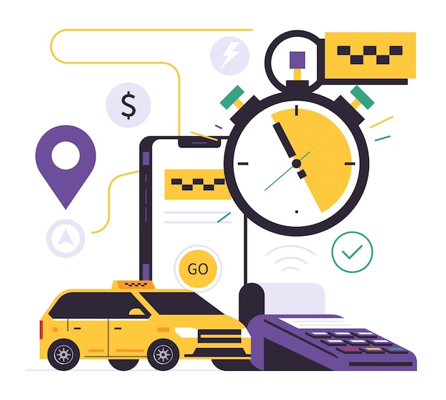 Concepto de aplicación móvil del servicio de pedido de taxis Teléfono con solicitud para pedir un taxi en pantalla Pago en línea exitoso para el servicio de taxi de la ciudad Cronómetro de coche amarillo Ilustración plana