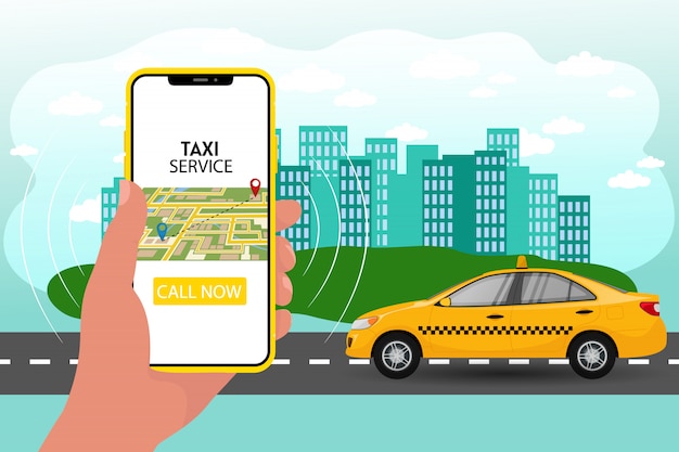 Concepto de aplicación móvil de taxi público. Mano que sostiene el teléfono inteligente con la aplicación de taxi en la pantalla. Solicite el controlador de la tarjeta en línea