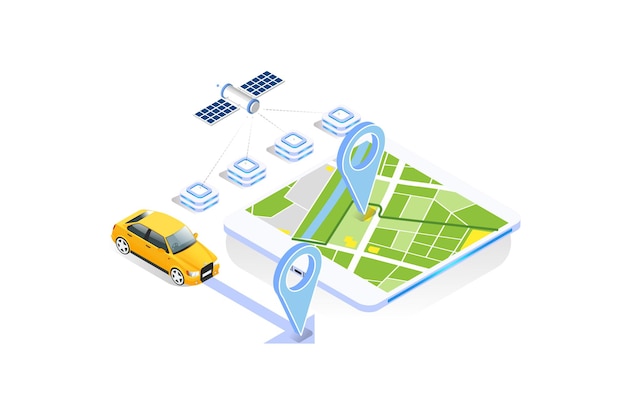 Vector concepto de aplicación de navegación gps de tecnología moderna en ilustración vectorial isométrica