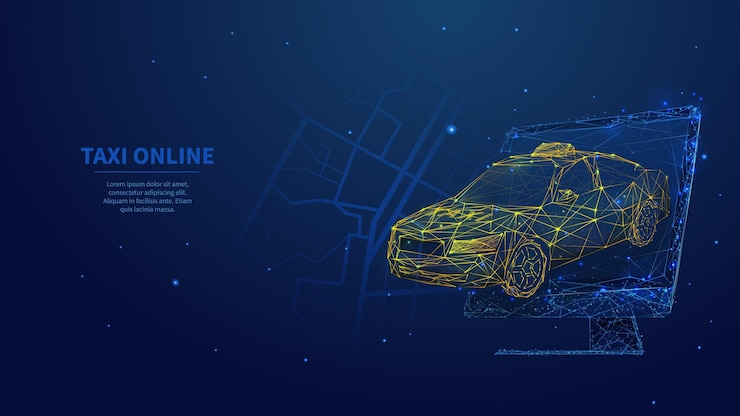Vector concepto de aplicación de servicio de pedido de taxi en línea taxi amarillo abstracto que sale de la pantalla de la computadora