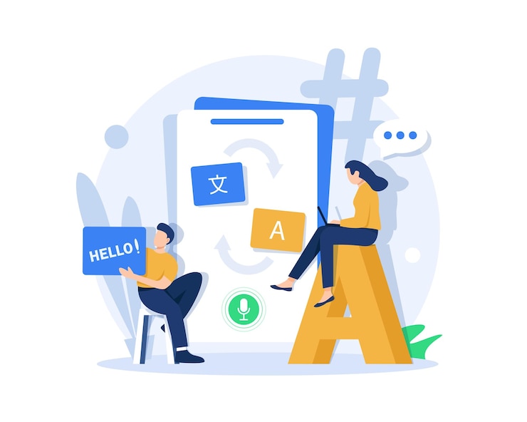 Vector concepto de aplicación de traductor multilingüe en línea uso de la aplicación de traducción en el teléfono inteligente para aprender idiomas