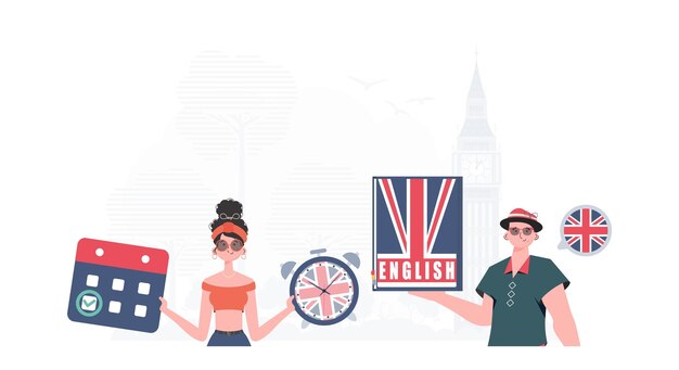 El concepto de aprender inglés equipo de lengua inglesa estilo de dibujos animados de moda Ilustración en vector