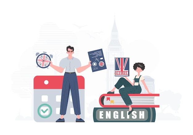 El concepto de aprender inglés Hombre y mujer Maestro de inglés Estilo de dibujos animados de moda Vector