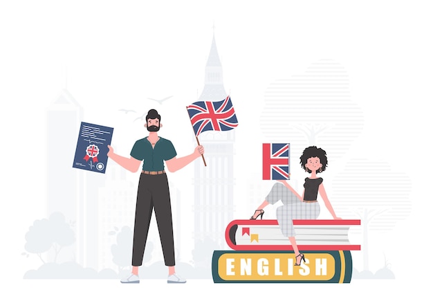 El concepto de aprender inglés Hombre y mujer profesor de inglés Estilo plano de moda Ilustración en vector