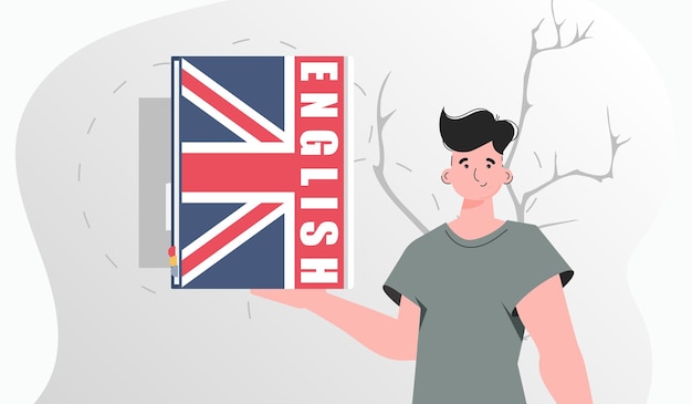 El concepto de aprender inglés Un hombre sostiene un diccionario de inglés en sus manos Vector de estilo plano de moda
