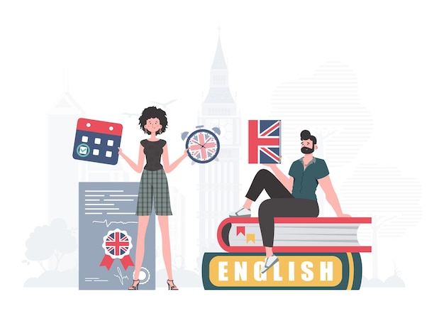 El concepto de aprender inglés Mujer y hombre Maestros de inglés Estilo de dibujos animados de moda Ilustración en vector