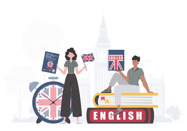 El concepto de aprender inglés Mujer y hombre Maestros de inglés Estilo de dibujos animados de moda Ilustración vectorial