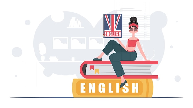 Vector el concepto de aprender inglés una mujer se sienta en libros y sostiene un diccionario de inglés en sus manos estilo de moda ilustración vectorial