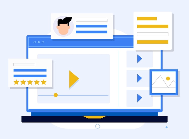 concepto de aprendizaje y calificación de video en línea con ilustración de vector plano portátil