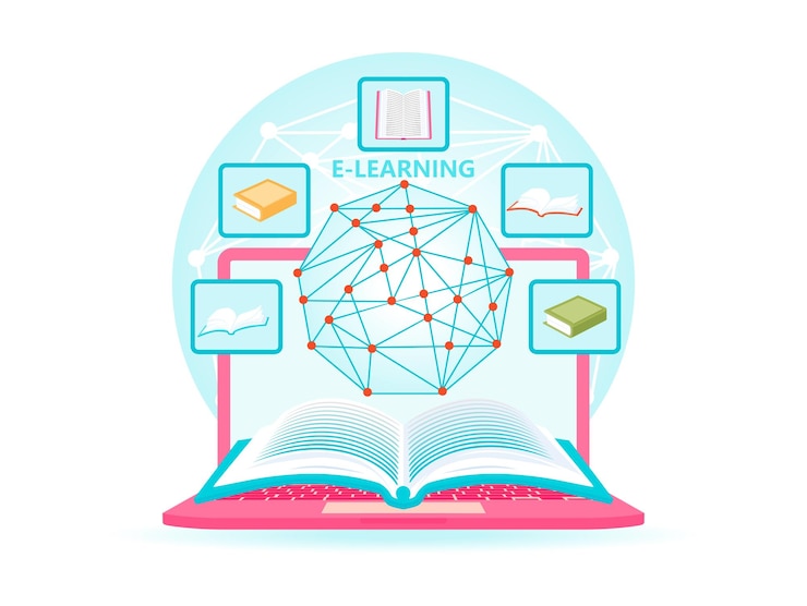Vector concepto de aprendizaje digital e-learning e-libros cursos en línea
