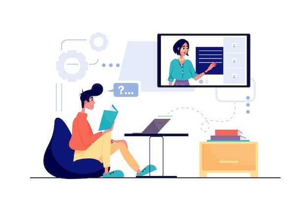 Concepto de aprendizaje a distancia en diseño de dibujos animados planos El estudiante lee un libro de texto y escucha una conferencia en una computadora portátil