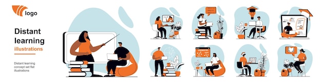 Concepto de aprendizaje a distancia con personas mega escenas establecidas en diseño web plano paquete de situación de personaje con estudio en línea viendo seminarios web tomar lecciones de video y cursos ilustraciones vectoriales