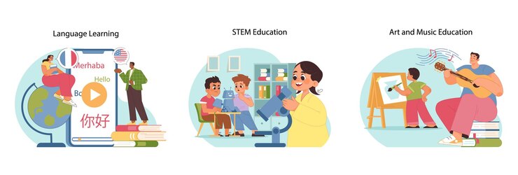 Vector concepto de aprendizaje diverso conjunto de personas de diferentes edades exploran la adquisición del lenguaje exploración del tallo