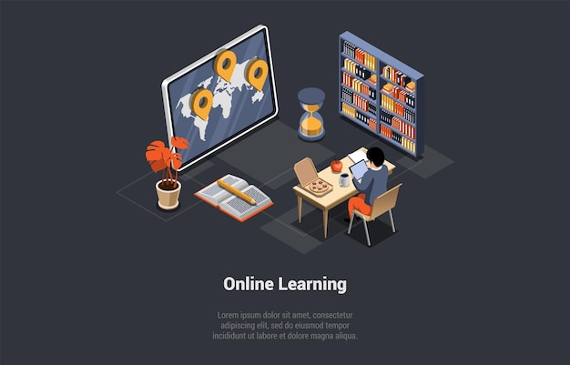 Concepto de aprendizaje electrónico a distancia en línea El estudiante en el escritorio tiene un examen o curso en el hogar o en la oficina El niño tiene un curso remoto en el hogar Aprendizaje en línea en un ambiente tranquilo Ilustración vectorial isométrica 3d
