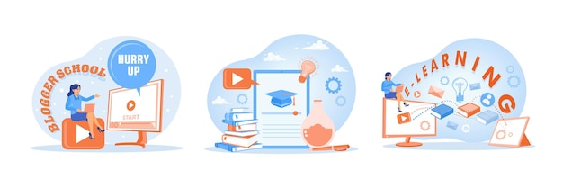 El concepto de aprendizaje electrónico se ilustra con un sistema de educación en línea y elementos educativos