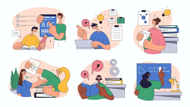 Concepto de aprendizaje escolar establecido para el diseño web Colección con personas que hacen tareas estudiando en el aula capacitación en lecciones y seminarios más Ilustración vectorial plana aislada en fondo blanco