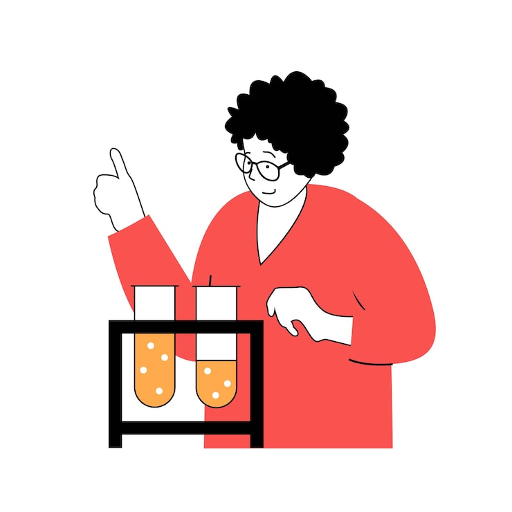 Vector concepto de aprendizaje escolar con gente de dibujos animados en diseño plano para web estudiante haciendo investigación química con tubos de ensayo en laboratorio ilustración vectorial para material de marketing de pancartas en redes sociales