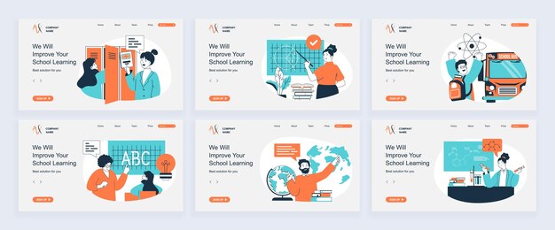 Concepto de aprendizaje escolar con personas situaciones mega conjunto en diseño web plano Bundle escenas del proceso educativo alumnos en las lecciones ilustraciones vectoriales para medios sociales material de marketing de banner