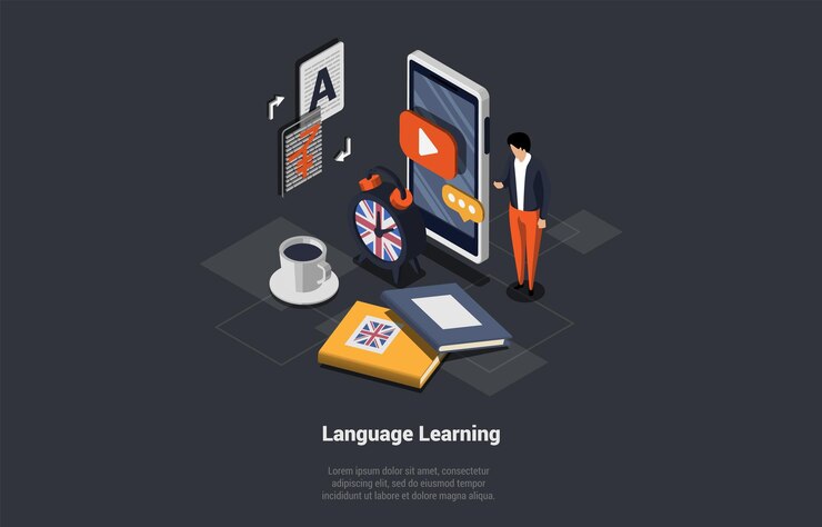 Vector concepto de aprendizaje de idiomas aplicación de traductores de idiomas multilingües aprendizaje de personajes masculinos vocabularios de idiomas extranjeros tecnología de comunicación internacional ilustración vectorial 3d isométrica