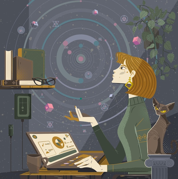 Concepto de aprendizaje en línea Mujer en la computadora hace su tarea Estudiante preparándose para una prueba o examen Conocimiento e información Educación y desarrollo personal Ilustración vectorial plana